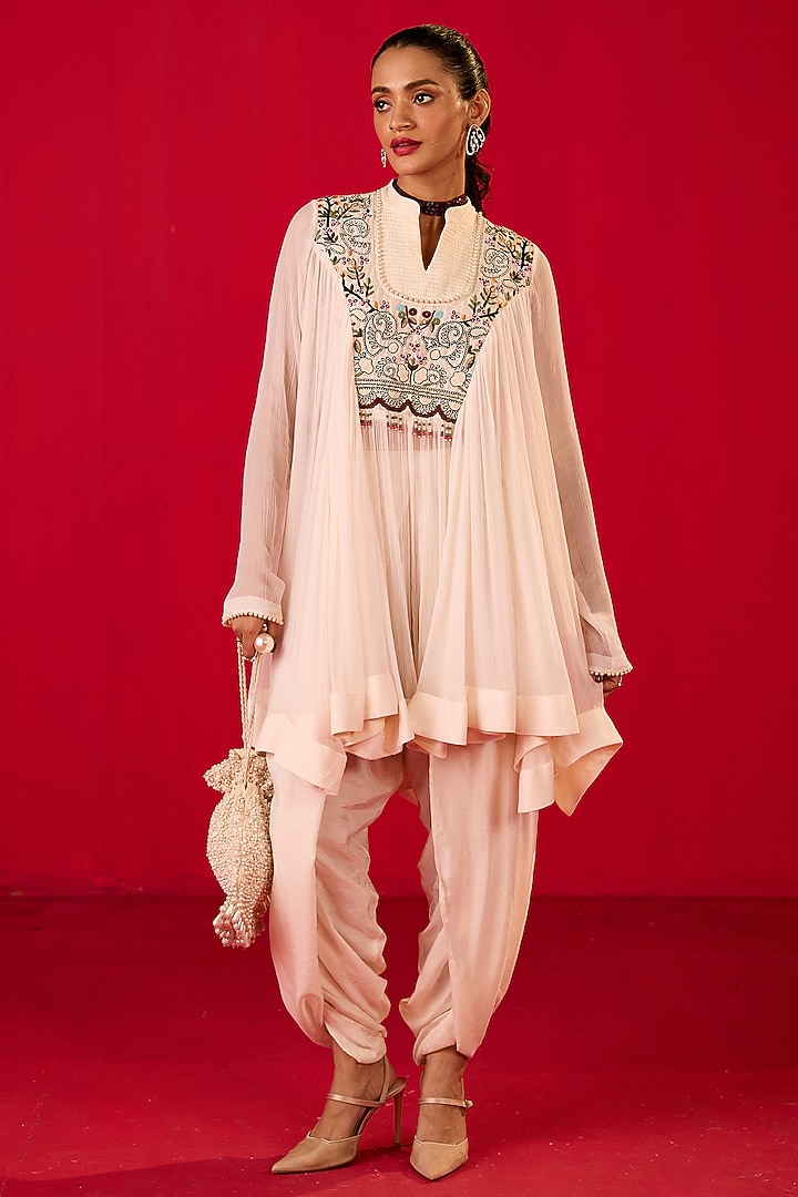 Off-White Chiffon & Crepe Dhoti Set by Rouble Vohra D at Pernia's Pop Up Shop