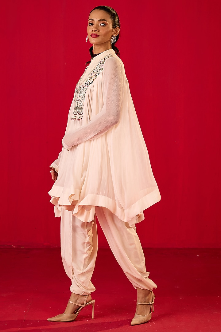 Off-White Chiffon & Crepe Dhoti Set by Rouble Vohra D at Pernia's Pop Up Shop
