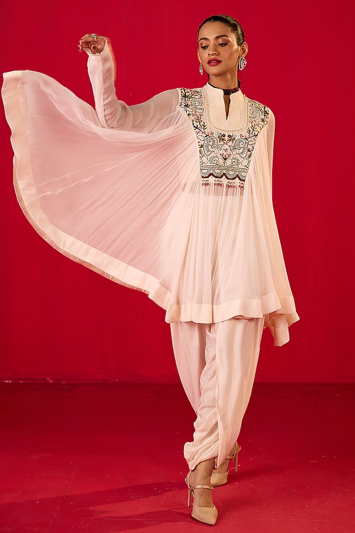 Off-White Chiffon & Crepe Dhoti Set by Rouble Vohra D at Pernia's Pop Up Shop