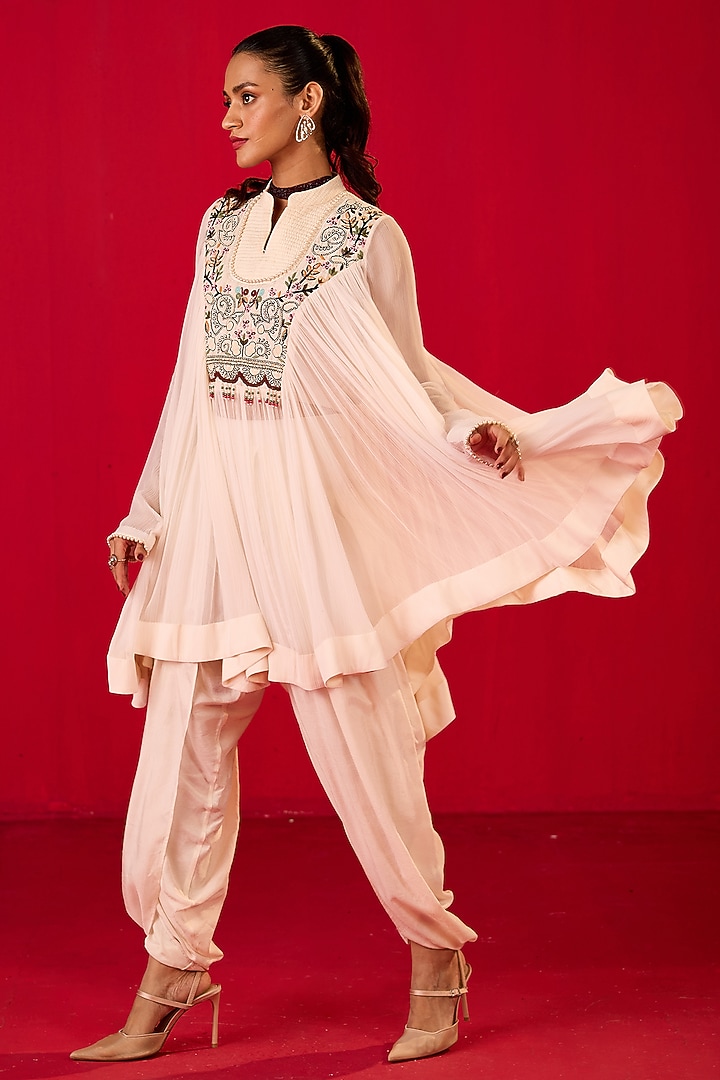 Off-White Chiffon & Crepe Dhoti Set by Rouble Vohra D at Pernia's Pop Up Shop