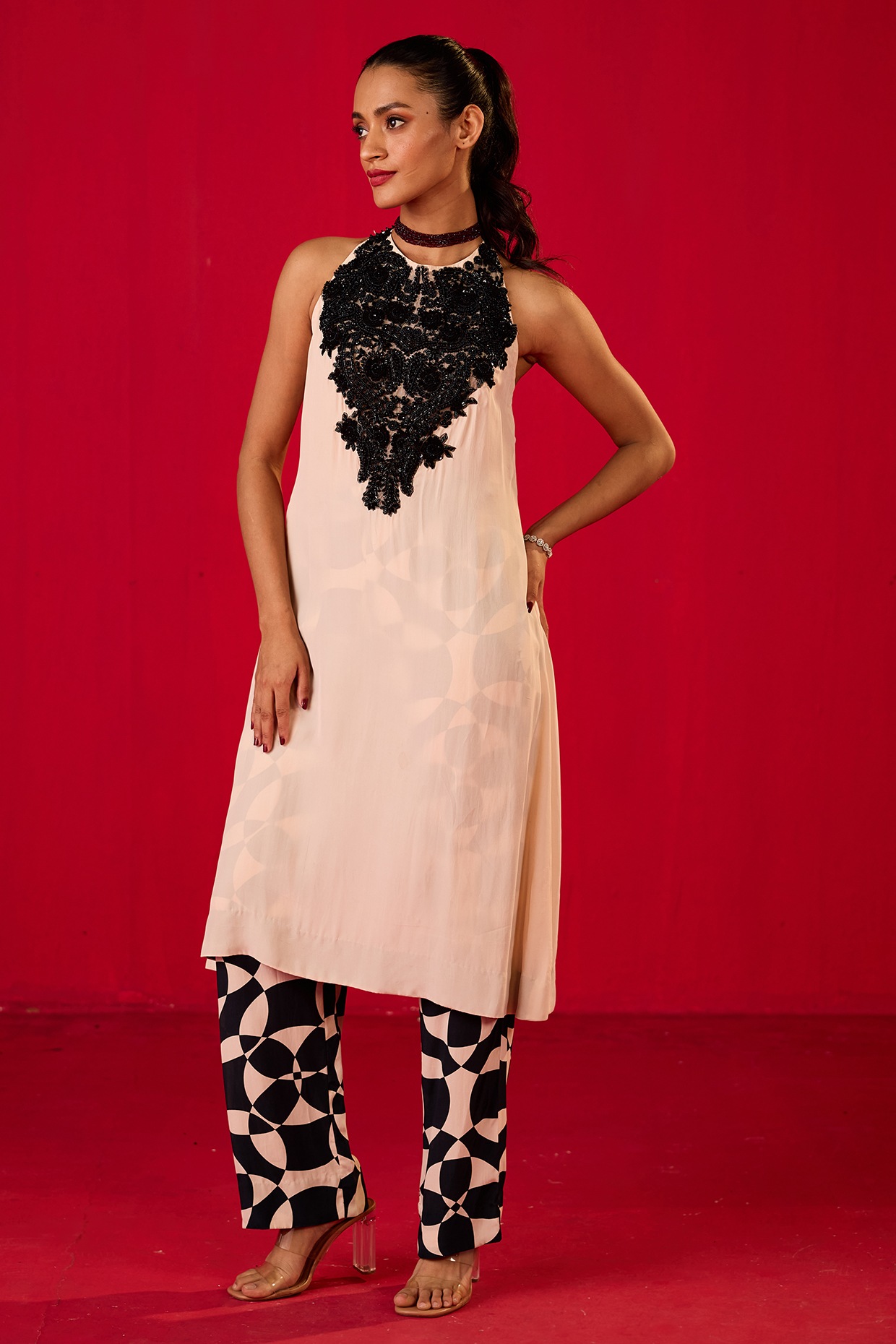 Rouble Vohra D Black & White Crepe Sequin Embroidered Kurta Set