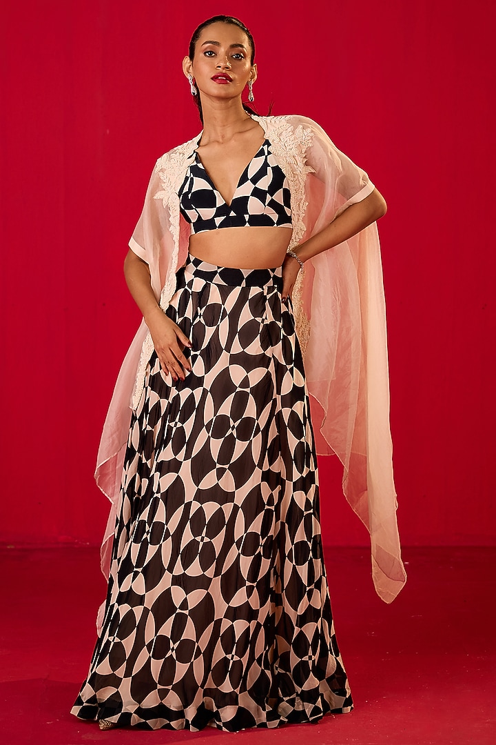 Black & White Georgette Organza Printed Skirt Set by Rouble Vohra D at Pernia's Pop Up Shop