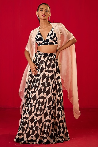 Black & White Georgette Organza Printed Skirt Set by Rouble Vohra D