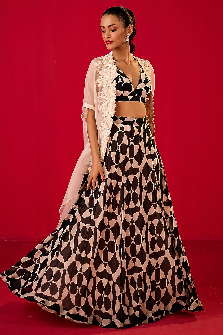 Black & White Georgette Organza Printed Skirt Set by Rouble Vohra D at Pernia's Pop Up Shop
