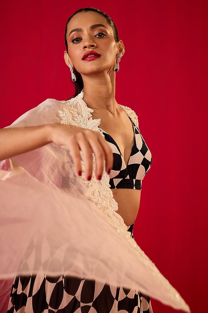 Black & White Georgette Organza Printed Skirt Set by Rouble Vohra D at Pernia's Pop Up Shop