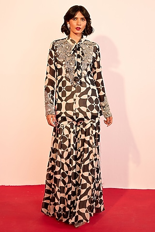 Black & White Georgette Printed Gharara Set by Rouble Vohra D