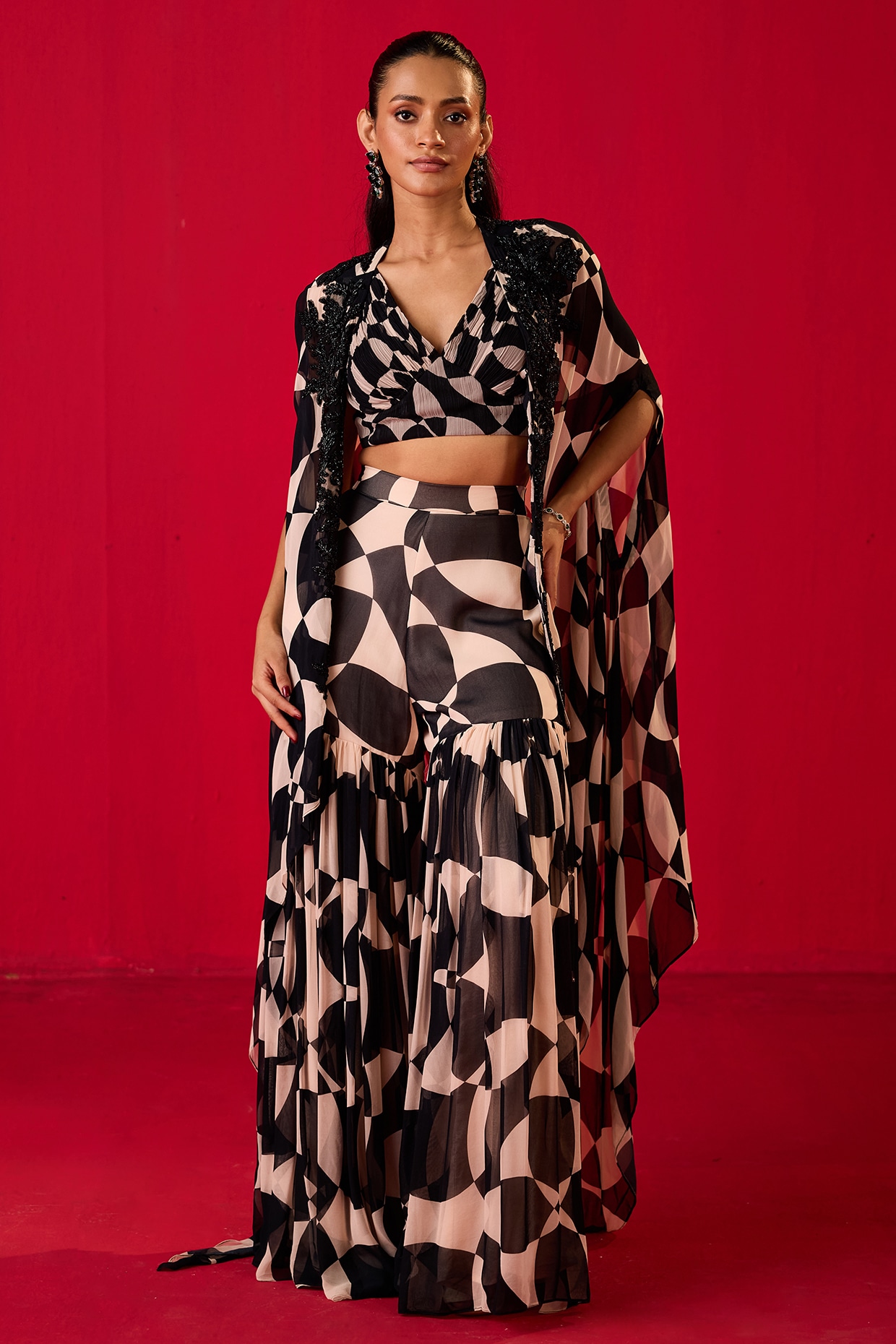 Rouble Vohra D Black & White Georgette Printed Gharara Set