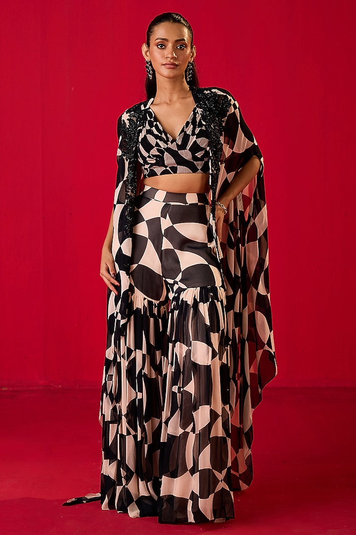 Black & White Georgette Printed Gharara Set by Rouble Vohra D at Pernia's Pop Up Shop