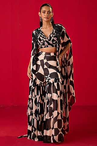 Black & White Georgette Printed Gharara Set by Rouble Vohra D