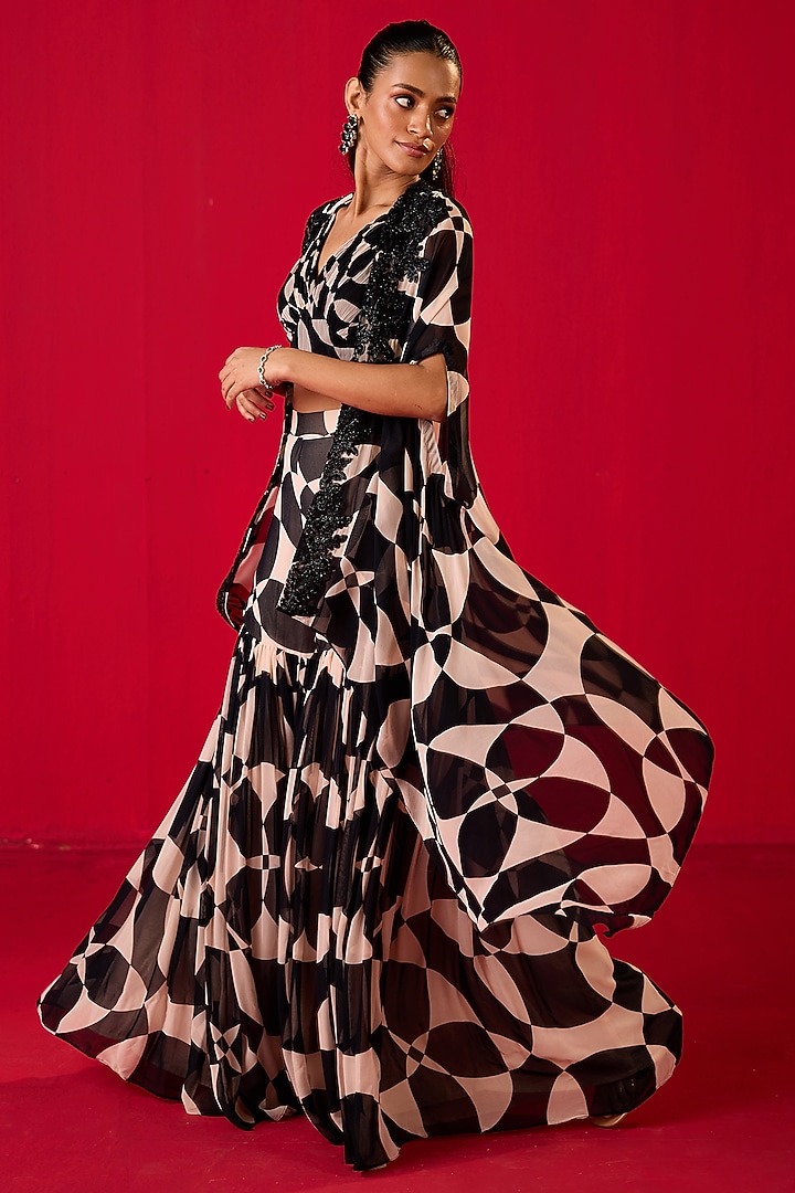 Black & White Georgette Printed Gharara Set by Rouble Vohra D at Pernia's Pop Up Shop