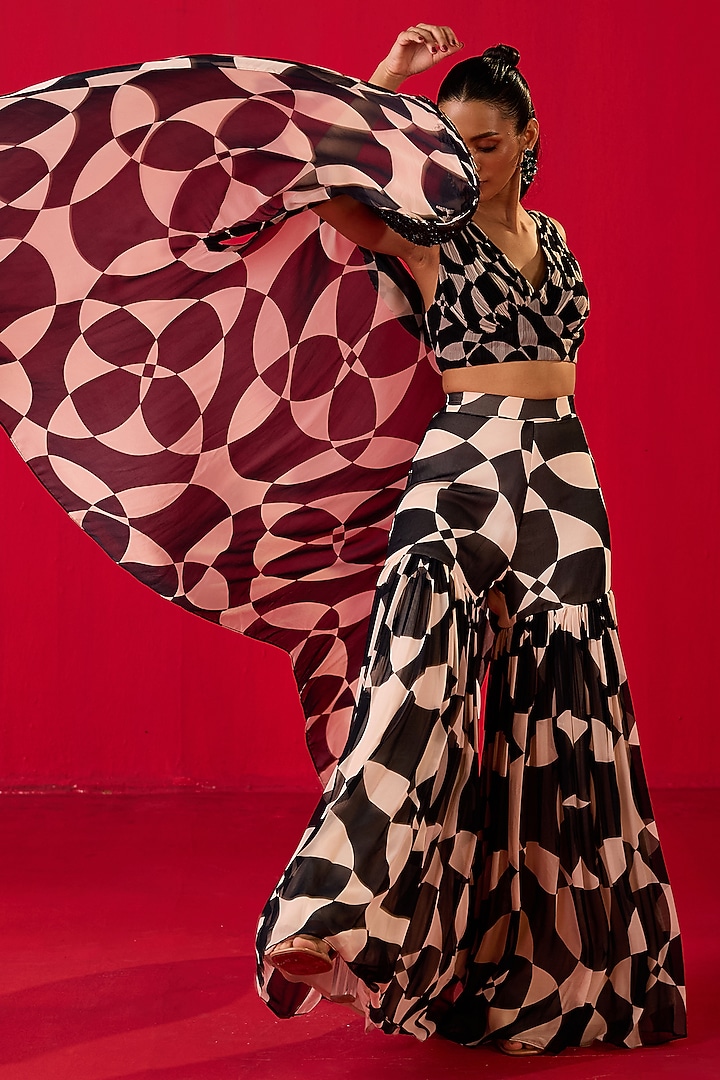Black & White Georgette Printed Gharara Set by Rouble Vohra D at Pernia's Pop Up Shop