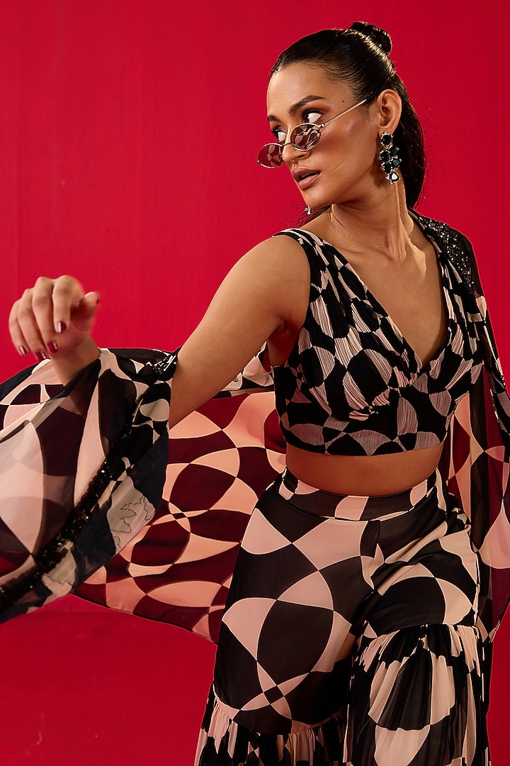 Black & White Georgette Printed Gharara Set by Rouble Vohra D at Pernia's Pop Up Shop