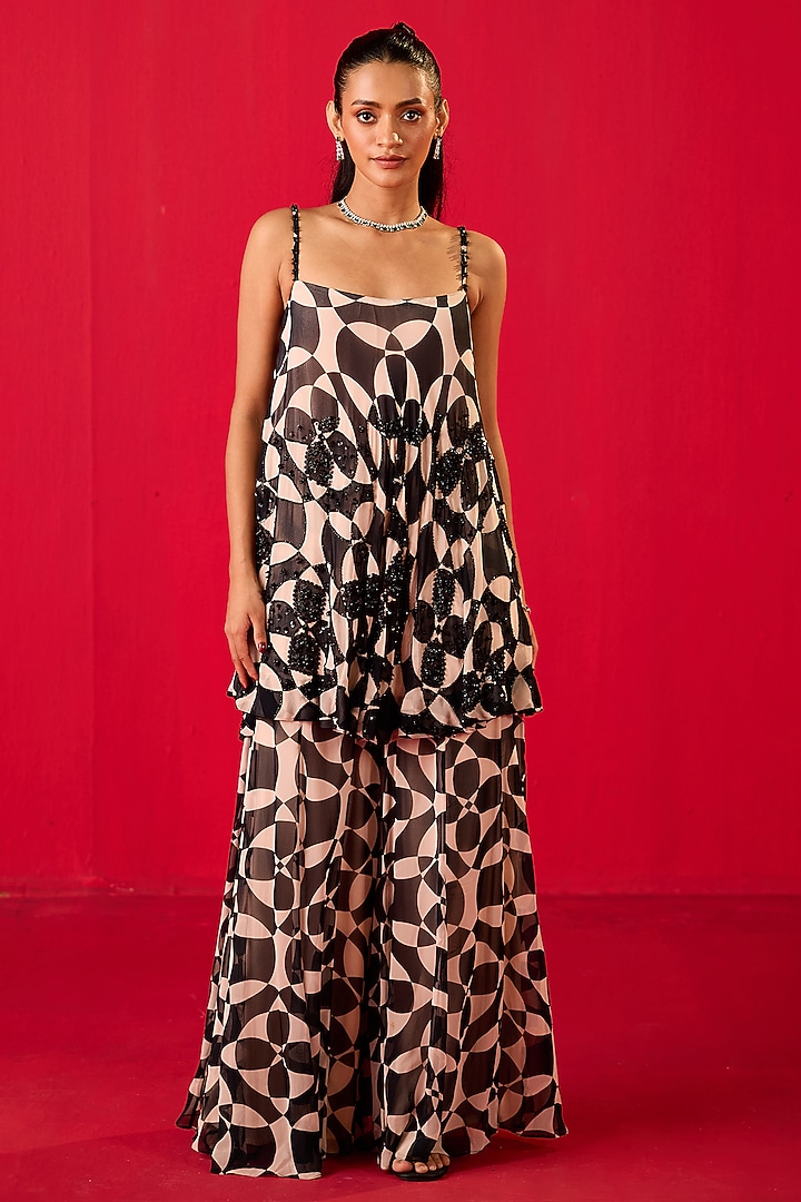 Black & White Georgette Printed Co-Ord Set by Rouble Vohra D at Pernia's Pop Up Shop