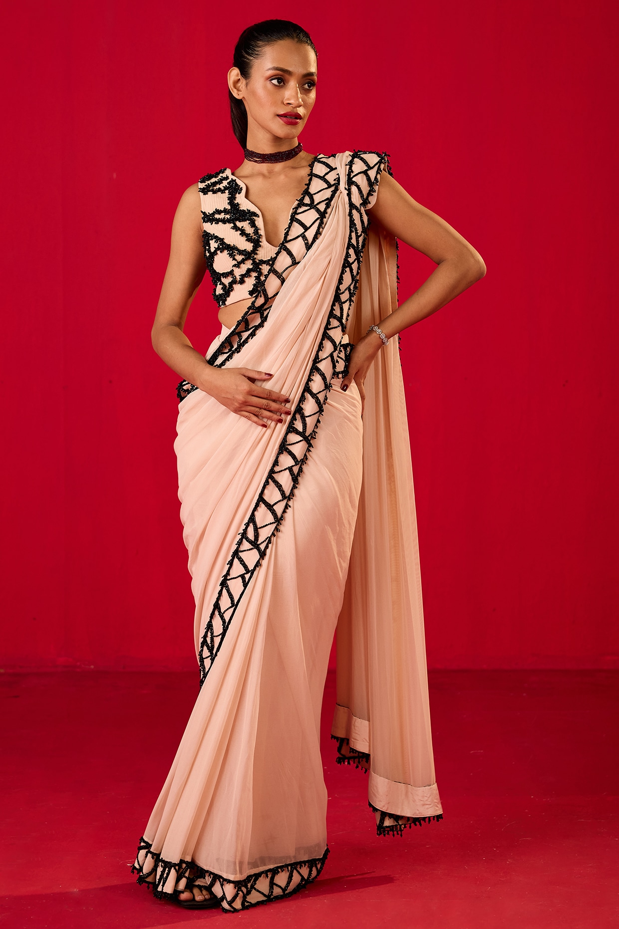 Rouble Vohra D Off-White Georgette Sequin Embroidered Draped Saree Set