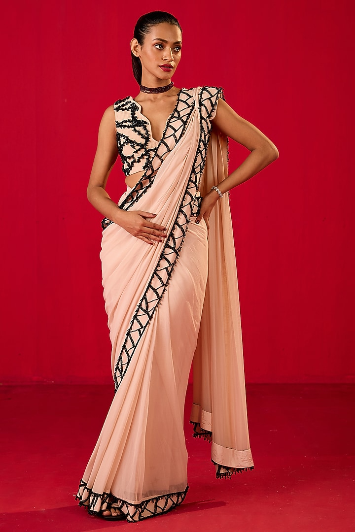 Off-White Georgette Sequin Embroidered Draped Wedding Saree Set by Rouble Vohra D at Pernia's Pop Up Shop
