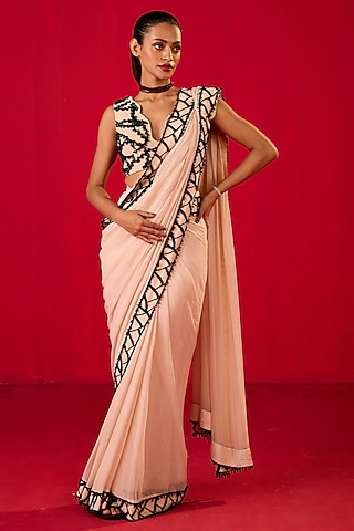 Off-White Georgette Sequin Embroidered Draped Saree Set by Rouble Vohra D