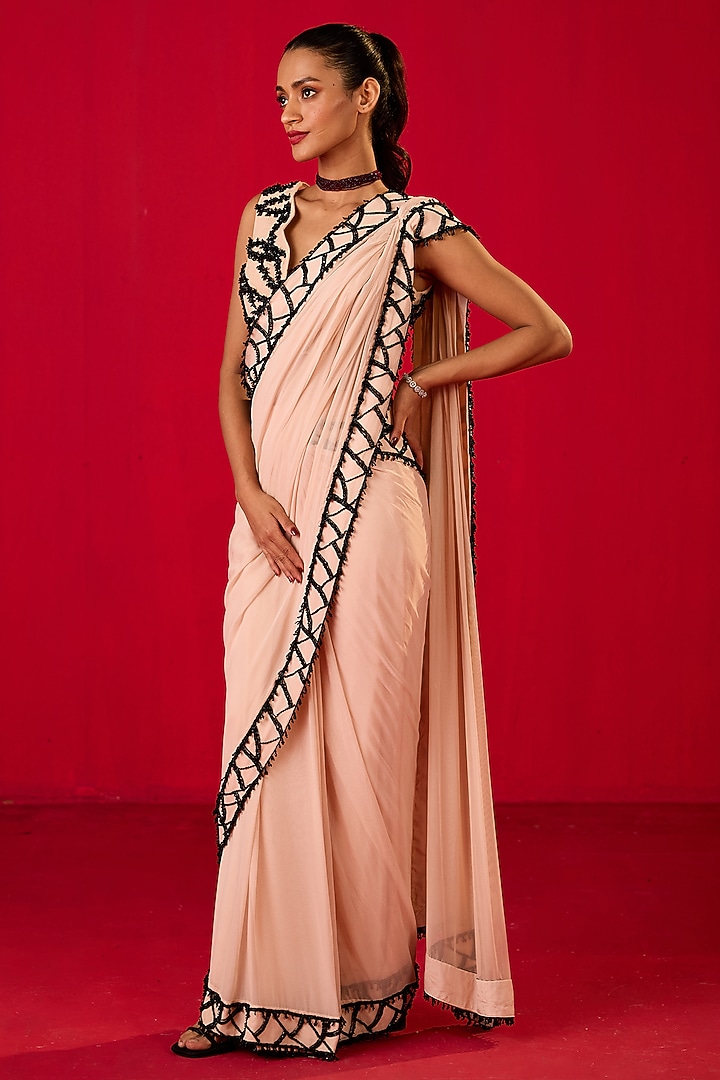 Off-White Georgette Sequin Embroidered Draped Wedding Saree Set by Rouble Vohra D at Pernia's Pop Up Shop