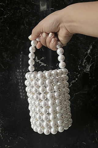 White Faux Pearl Bucket Bag by Rubilon