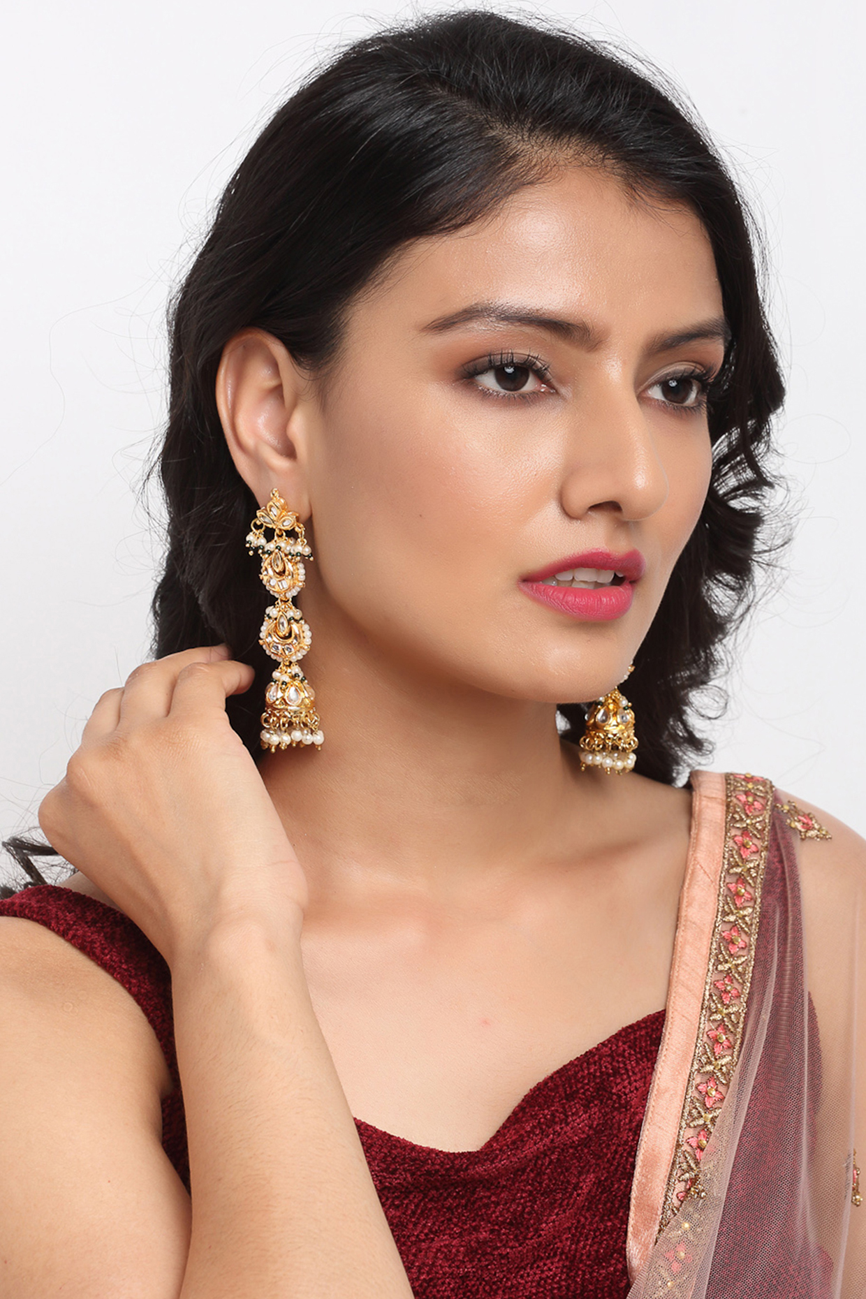 Gold Finish Kundan Polki Dangler Earrings by Ruby Raang at Pernia's Pop Up Shop