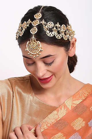 Gold Finish Kundan Polki & Pearl Mathapatti by Ruby Raang