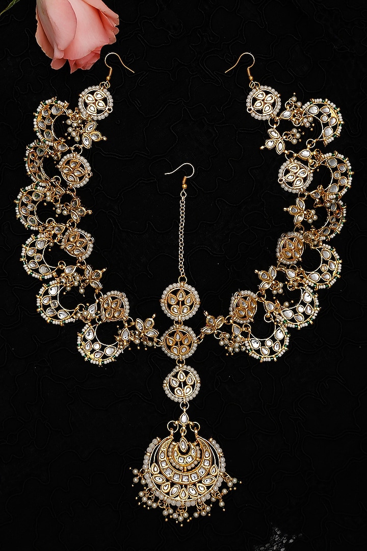 Gold Finish Kundan Polki & Pearl Mathapatti by Ruby Raang at Pernia's Pop Up Shop