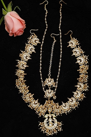 Gold Finish Kundan Polki & Pearl Mathapatti by Ruby Raang