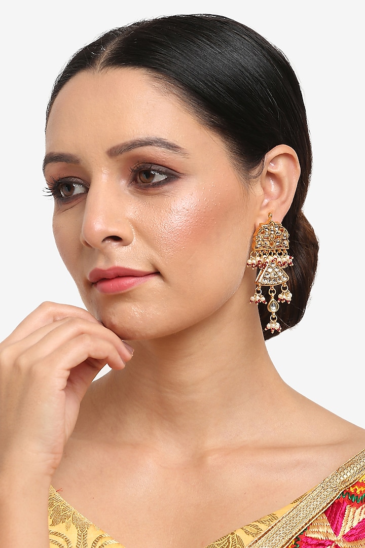 Gold Finish Pearl Chandbaali Earrings by Ruby Raang at Pernia's Pop Up Shop