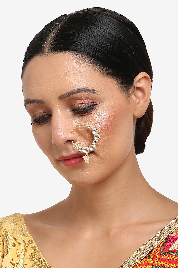 Gold Finish Kundan Polki & Pearl Nose Pin by Ruby Raang