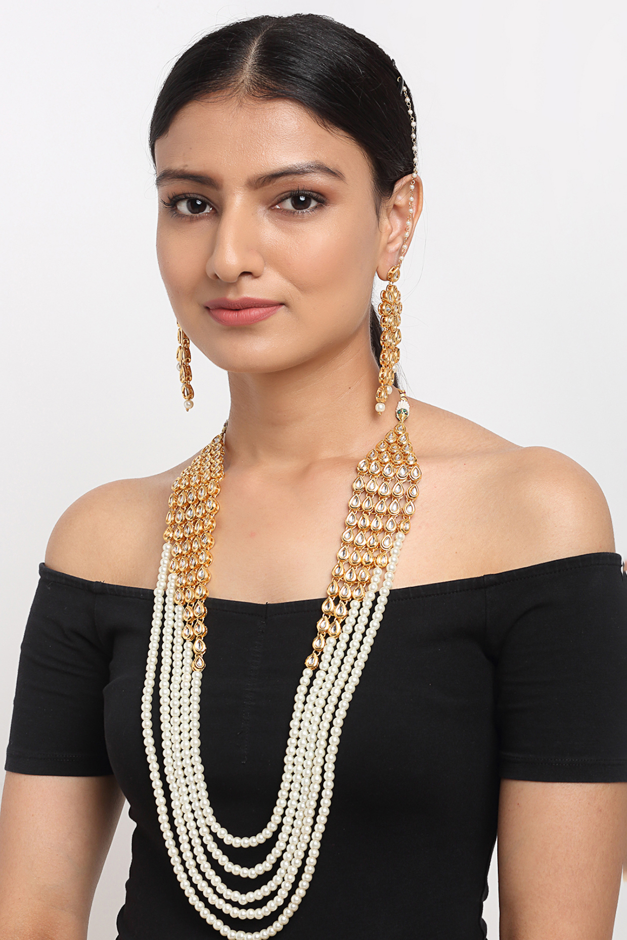 Gold Finish Kundan Polki And Pearl Long Layered Necklace Set Design By