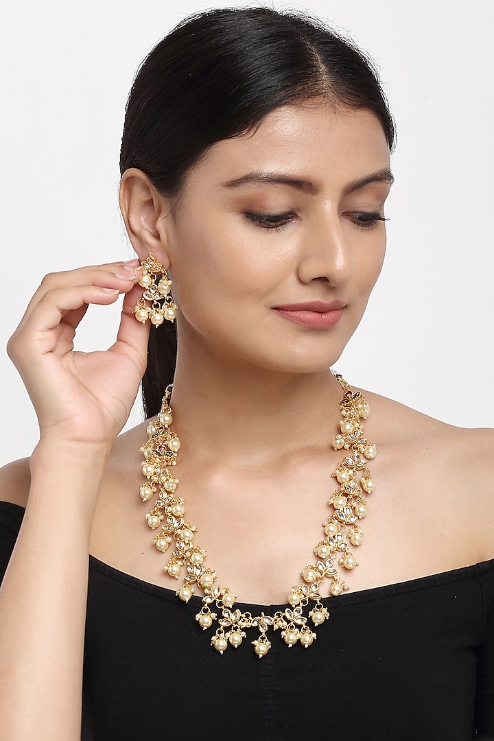 Gold Finish Kundan Polki And Pearl Necklace Set By Ruby Raang At Pernias