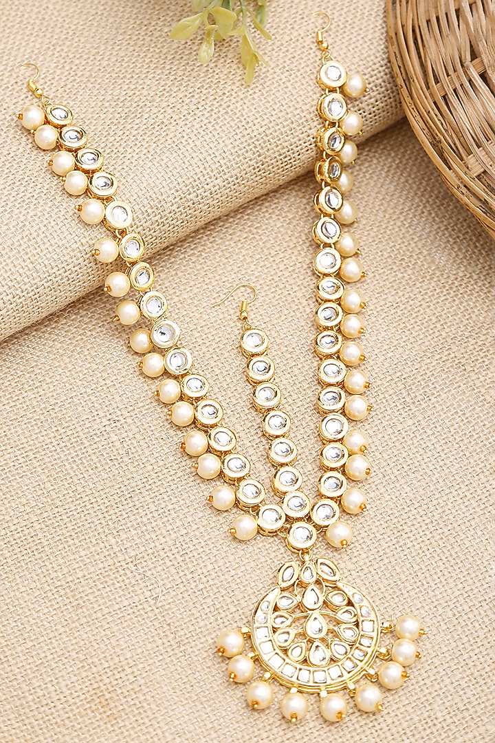 Gold Finish Kundan Polki & Pearl Mathapatti by Ruby Raang at Pernia's Pop Up Shop