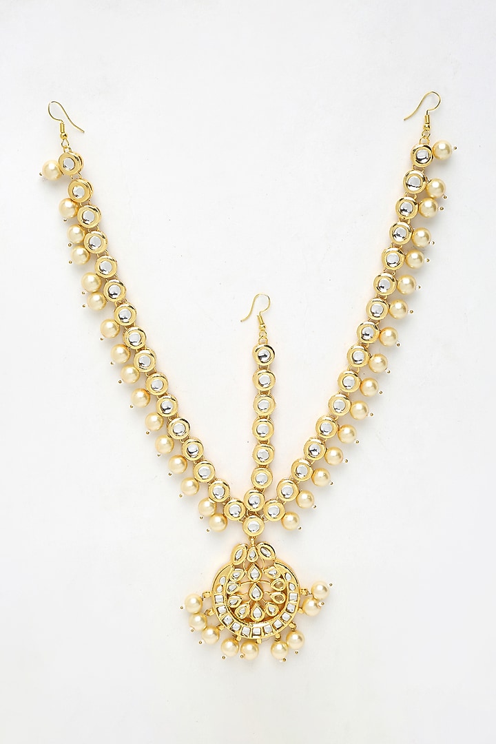 Gold Finish Kundan Polki & Pearl Mathapatti by Ruby Raang at Pernia's Pop Up Shop