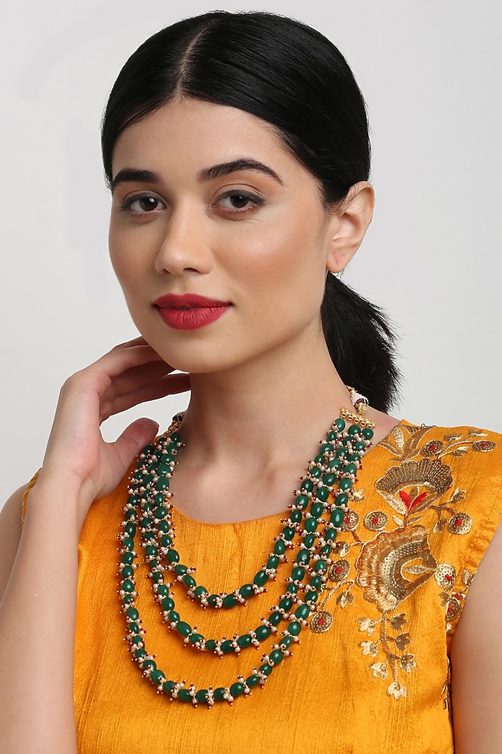 Gold Finish Green Synthetic Stone Beaded Long Necklace by Ruby Raang at Pernia's Pop Up Shop