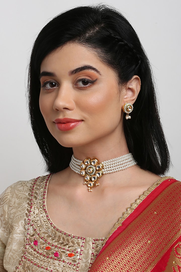 Gold Finish Kundan Polki & Pearl Choker Necklace Set by Ruby Raang at Pernia's Pop Up Shop