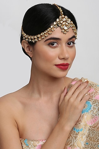Gold Finish Green Kundan Polki & Pearl Mathapatti by Ruby Raang