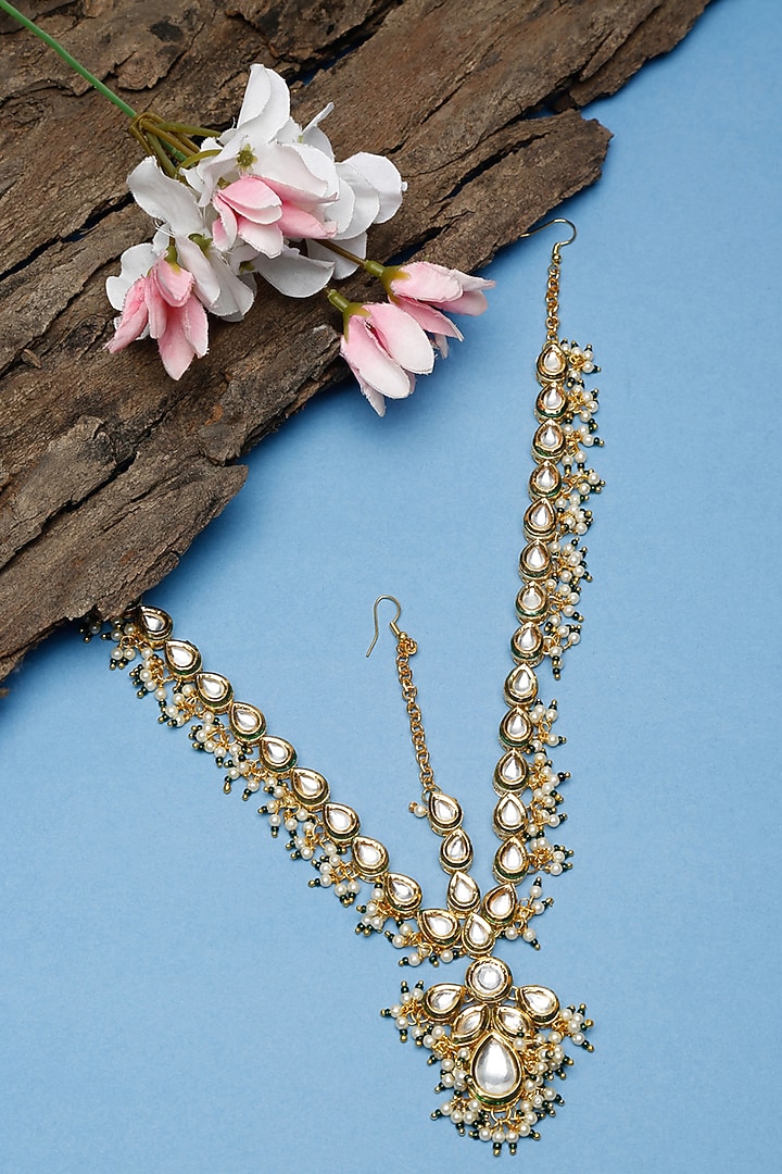 Gold Finish Green Kundan Polki & Pearl Mathapatti by Ruby Raang at Pernia's Pop Up Shop