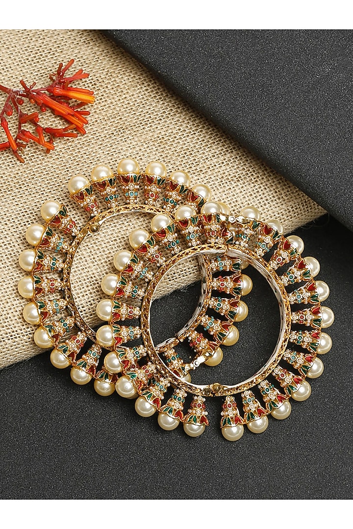 Gold Finish Faux Kundan Polki & Multi-Colored Stone Meenakari Bangles (Set Of 2) by Ruby Raang at Pernia's Pop Up Shop