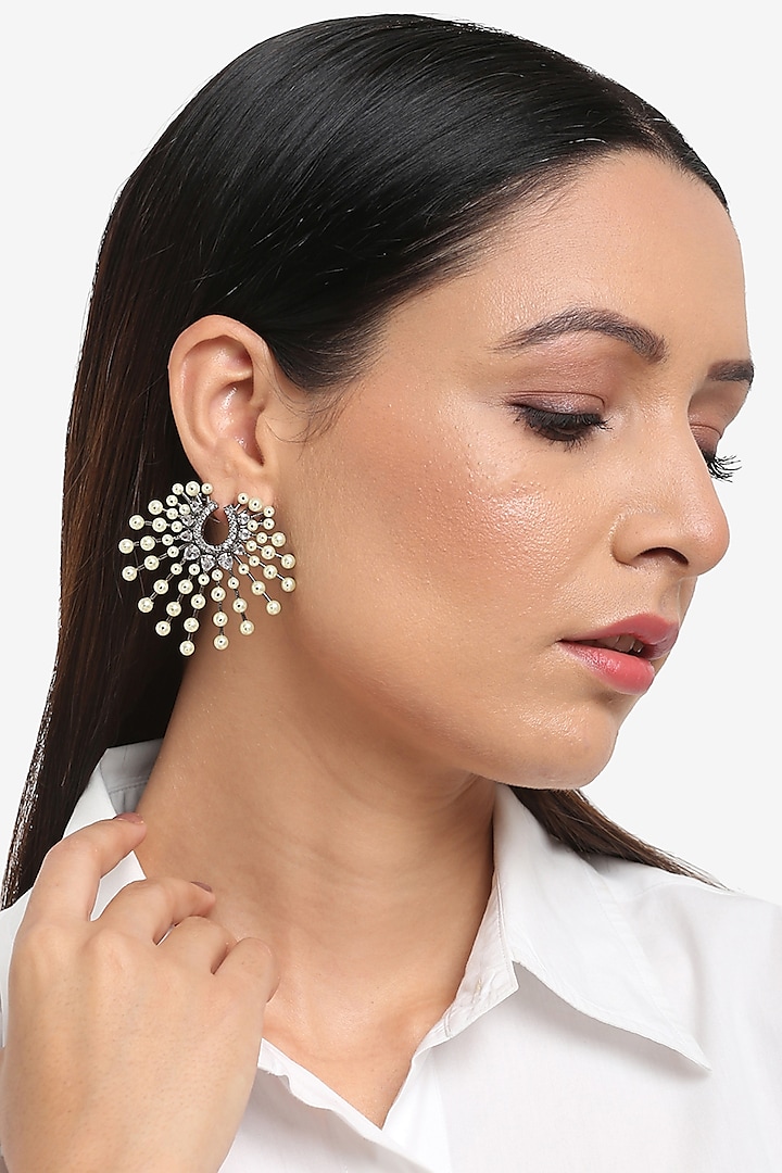 Black Rhodium Finish Zircon & Pearl Stud Earrings by Ruby Raang at Pernia's Pop Up Shop