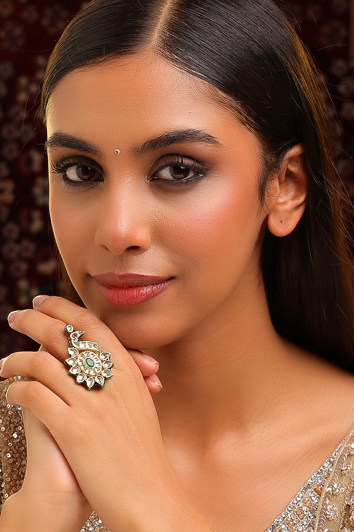 Gold Finish Kundan Polki & Green Stone Ring by Ruby Raang at Pernia's Pop Up Shop