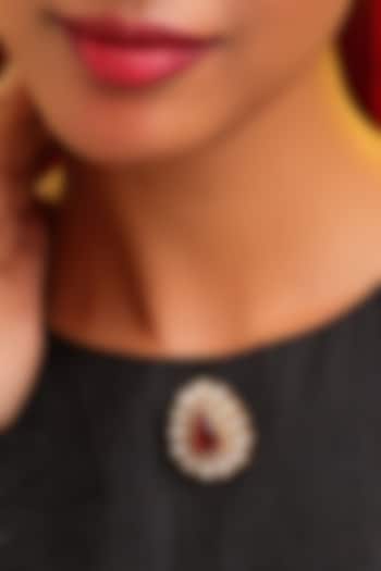 Gold Finish Red Teardrop & Beaded Brooch by Ruby Raang at Pernia's Pop Up Shop