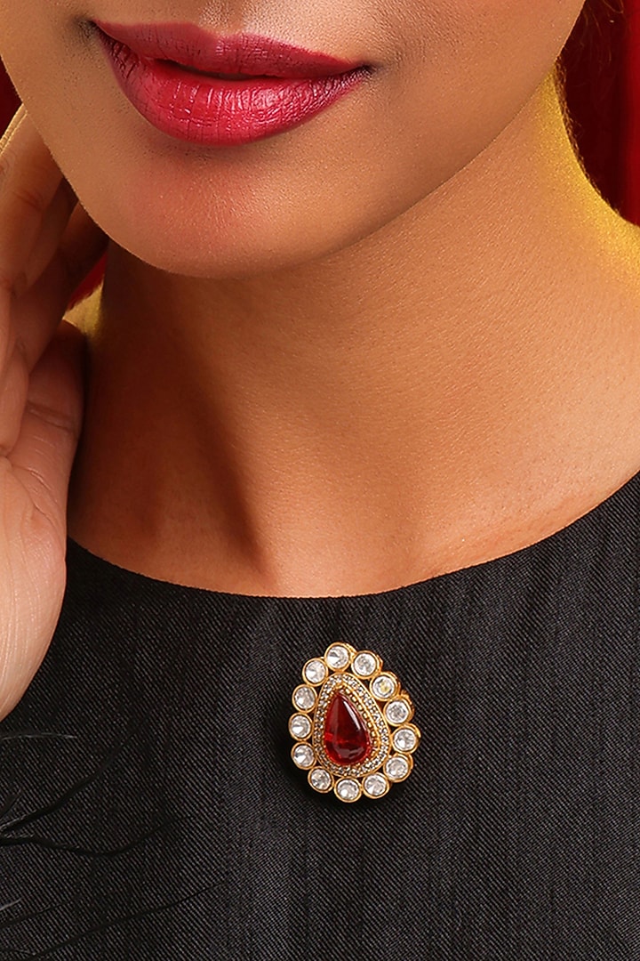 Gold Finish Red Teardrop & Beaded Brooch by Ruby Raang at Pernia's Pop Up Shop