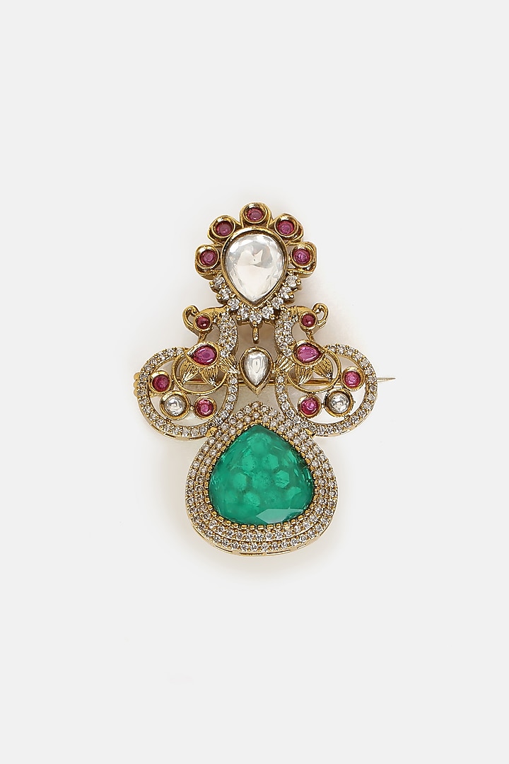 Gold Finish Kundan Polki & Multi-Colored Brooch by Ruby Raang at Pernia's Pop Up Shop