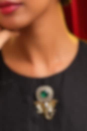 Gold Finish Kundan Polki & Green Stone Elephant Brooch by Ruby Raang at Pernia's Pop Up Shop