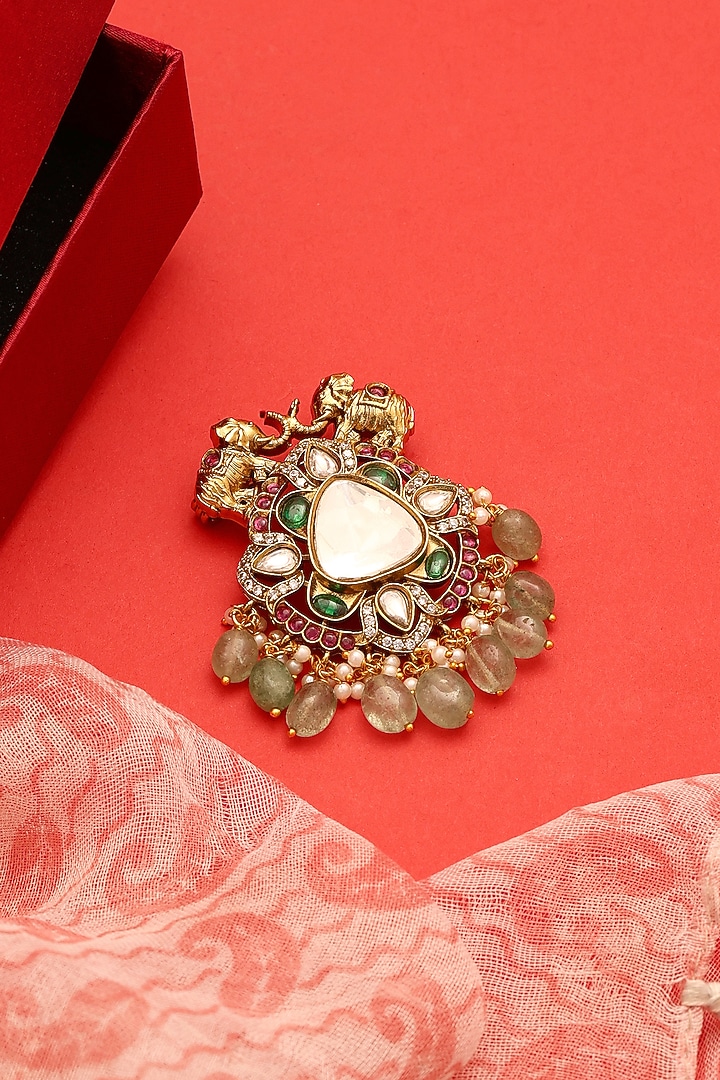 Gold Finish Kundan Polki & Mint Green Drop Brooch by Ruby Raang at Pernia's Pop Up Shop