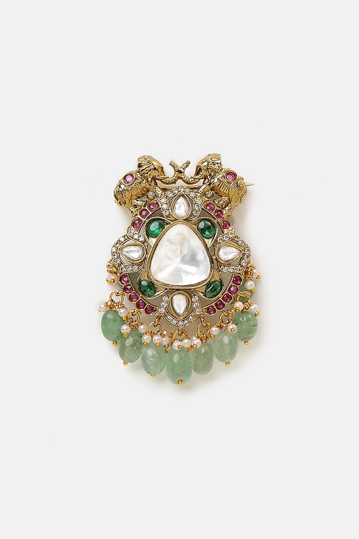Gold Finish Kundan Polki & Mint Green Drop Brooch by Ruby Raang at Pernia's Pop Up Shop