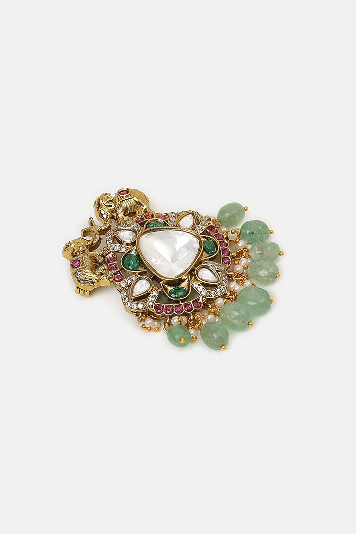 Gold Finish Kundan Polki & Mint Green Drop Brooch by Ruby Raang at Pernia's Pop Up Shop