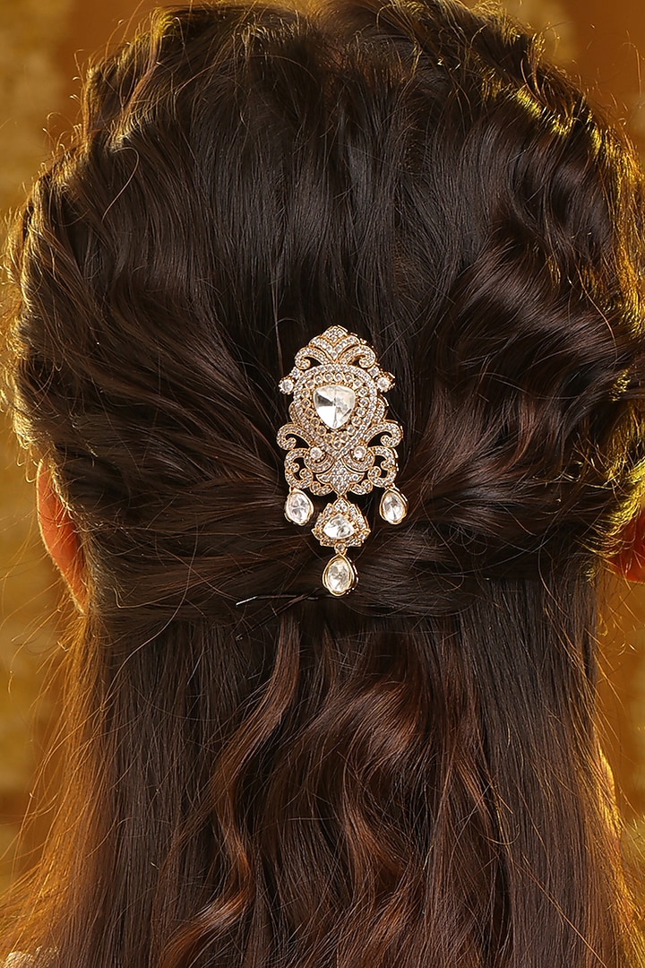 Gold Finish Kundan Polki & Pearl Drop Hair Pin by Ruby Raang at Pernia's Pop Up Shop