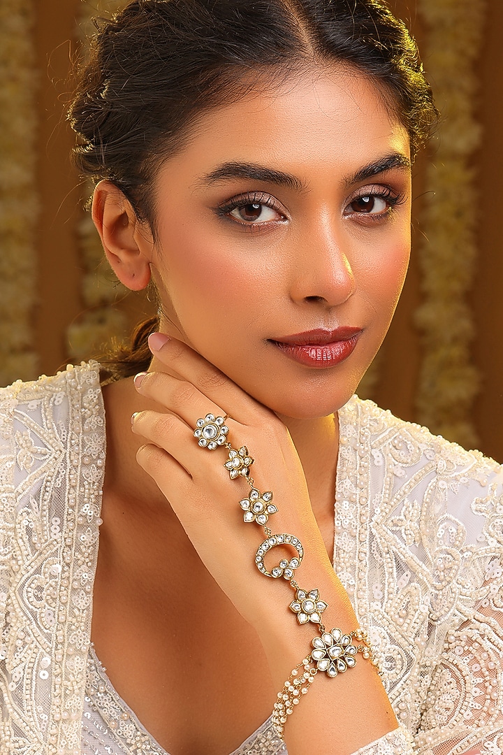 Gold Finish Kundan Polki & Pearl Hathphool by Ruby Raang at Pernia's Pop Up Shop