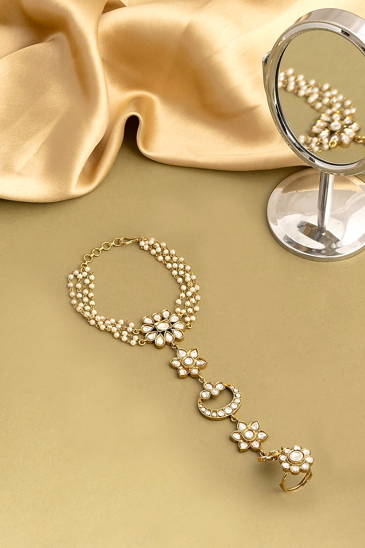Gold Finish Kundan Polki & Pearl Hathphool by Ruby Raang at Pernia's Pop Up Shop