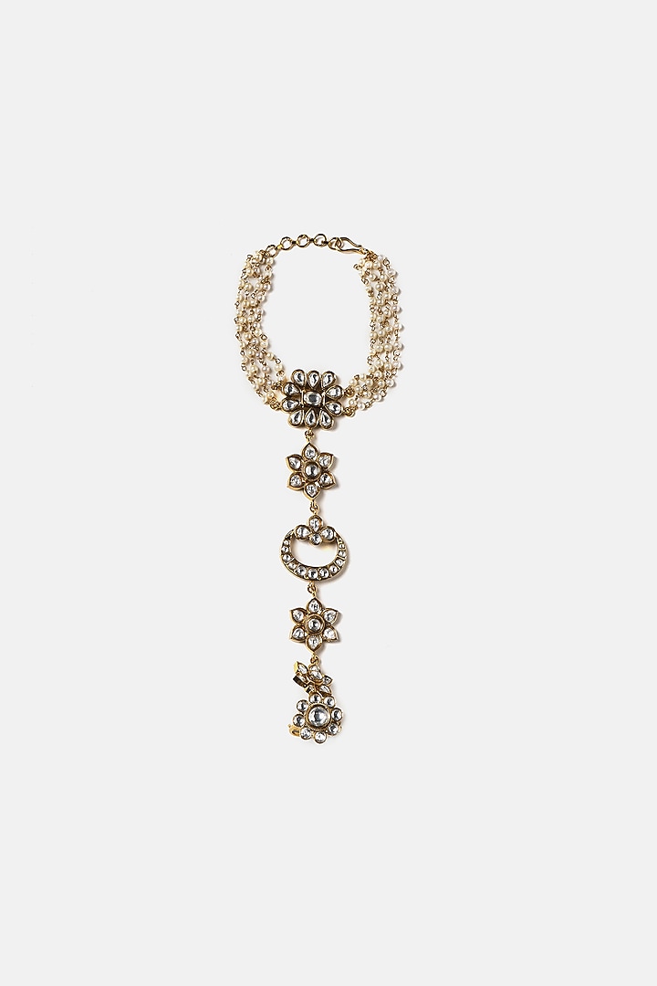 Gold Finish Kundan Polki & Pearl Hathphool by Ruby Raang at Pernia's Pop Up Shop